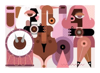 Foto auf Leinwand Wine and music vector illustration. A man playing contrabass, woman listen a music and drink wine. ©  danjazzia