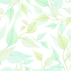Watercolor drawing rapport of half-transparent clear green and light-brown branches wirh leaves on white background. Nice picture for illustration, stickers, cards, scrapbooking
