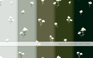 Wildflower bedstraw galium small white flower seamless pattern flat set. Meadow herb floral fashion fabric textile natural care cosmetic wallpaper cover wrapping print green olive pastel background
