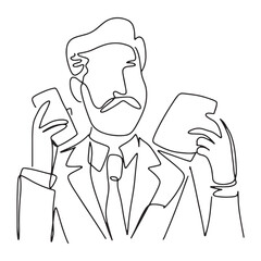 continuous line business man mobile phone tablet media technology online conferencing hand drawn illustration vector