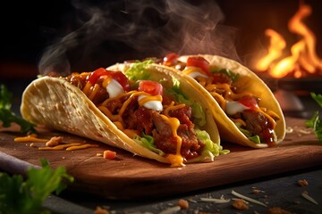 Homemade American Soft Shell Beef Tacos with Lettuce Tomato Cheese on wooden table smoke and fire background
