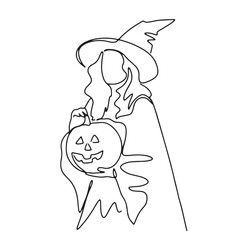 continuous line party halloween woman dressed up witch holding pumpkin ghost hand drawn illustration vector