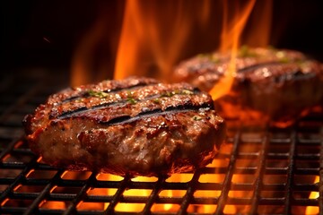 eef or pork meat barbecue burgers for hamburger prepared grilled on bbq fire flame grill