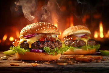 Delicious homemade burgers of beef, cheese and vegetables on wooden table smoke and fire background