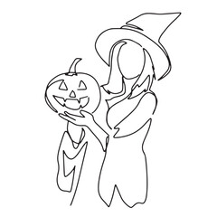 continuous line party halloween woman dressed up witch holding pumpkin ghost hand drawn illustration vector