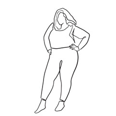 continuous line woman fat big body happy dance love yourself hand drawn illustration one line vector