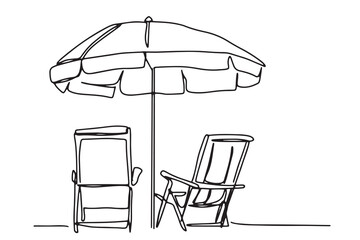 continuous line beach chair beach umbrella travel summer seaside hand drawn illustration day line vector