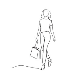 continuous line woman holding shopping bag shopping shop hand drawn illustration one line vector