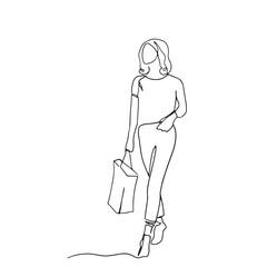 continuous line woman holding shopping bag shopping shop hand drawn illustration one line vector