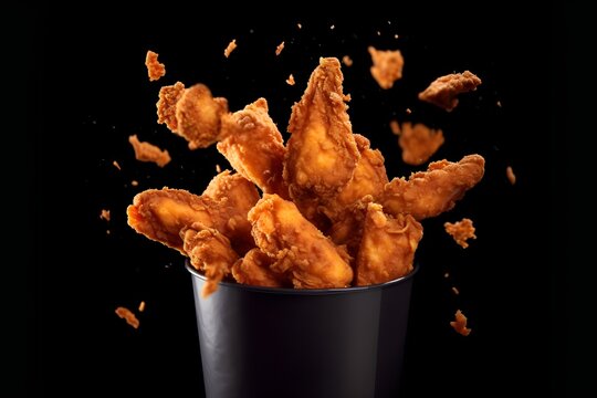 Fried chicken flying on paper bucket isolated on black background