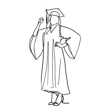 line art cartoon graduation character woman wearing a graduation gown The concept of study, college, degree certificate
  illustration vector hand drawn