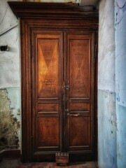 Old brown Door. Retro Wooden Door in the house. Vintage. 