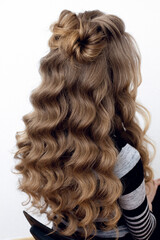 Photo of a stylish curly hairstyle on a girl's head from behind. Image for your creative decoration...