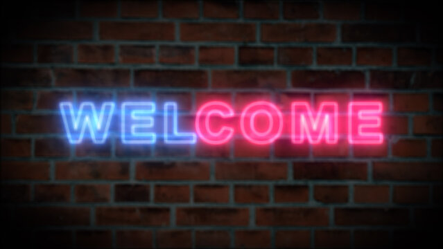 Illustration of a neon welcome sign on a brick wall background.