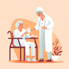 Social workers taking care about seniors people. Vector flat cartoon illustration. Volunteer young people help elderly people walk, ride wheelchair and shop. Generative AI.