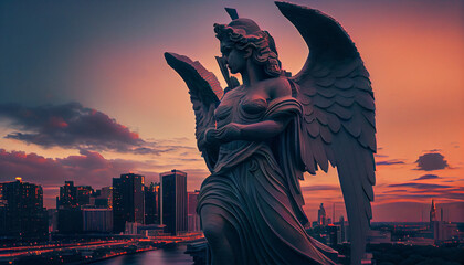 Fototapeta premium angel statue at sunset - AI generated image