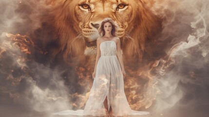 Fototapeta na wymiar Woman with a lion. Designed using generative ai.