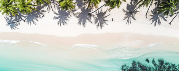 Fototapeta na wymiar Stunning aerial view of pristine beach, contrasting palm tree shadows on white sand, vivid ocean hues, and dreamy tropical ambiance evoke emotion in the observer. Generative AI