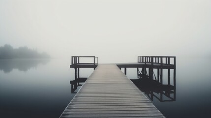 Foggy lake with a pier. Designed using generative ai. 