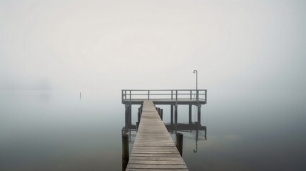 Foggy lake with a pier. Designed using generative ai. 