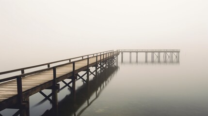 Fototapeta na wymiar Foggy lake with a pier. Designed using generative ai. 