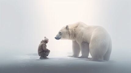 Man together with a huge polar bear. Designed using generative ai.