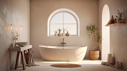 Fototapeta na wymiar Boho Bathroom Interior. Designed using Generative AI