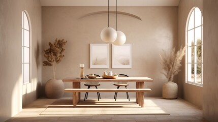Boho style dining room interior. Designed using Generative AI. 