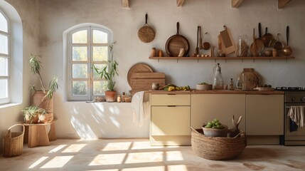 Obraz na płótnie Canvas Boho style kitchen interior. Designed using generative ai. 