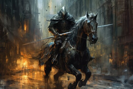 A chaos knight. Riding horse. Flame. Medieval times. fantasy scenery. concept art.