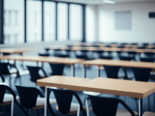 Empty classroom with tables and chairs. Education concept. Blurred background. AI generated.
