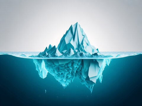Iceberg floating in the water. 3d rendering image double exposure. AI generated.