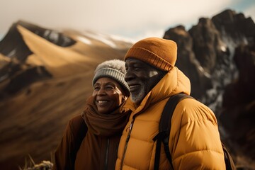AI-Generated image of a senior couple travelling and hiking together in a mountain landscape