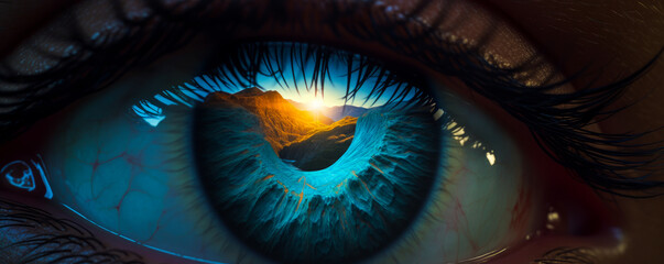 Captivating close-up of an azure blue eye reflecting a majestic mountain landscape, evoking freedom, adventure, and stirring deep emotions of awe and nostalgia. Generative AI