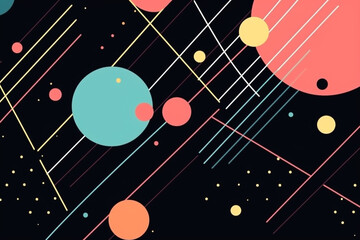 Fine-ar, pop-art, minimalist art concept. Minimal art from colorful dots, lines and geometric shapes on black background. Soft pastel colors. Generative AI