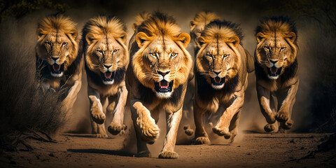 Stunning line-up of five ferocious lions with open mouths, charging towards the viewer in a realistic savannah setting. Experience raw emotion and awe in this captivating image. (165). Generative AI - obrazy, fototapety, plakaty
