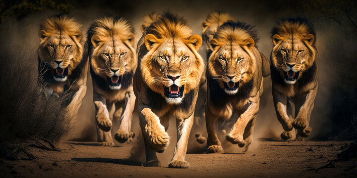 Stunning line-up of five ferocious lions with open mouths, charging towards the viewer in a realistic savannah setting. Experience raw emotion and awe in this captivating image. (165). Generative AI