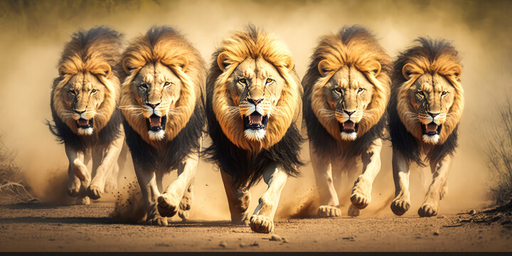 Stunning image depicting 5 fierce lions with open mouths, charging towards the viewer in a striking savannah setting. Perfect to captivate and evoke strong emotions. License now! Generative AI