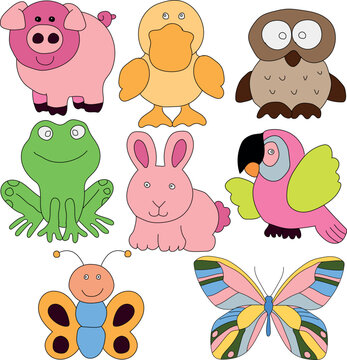 Set of funny doodle animals clipart featuring pig, duck, owl, frog, rabbit, macaw, bee, and butterfly