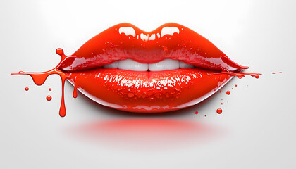Woman lip set. Girl mouth close up with smudged red lipstick makeup isolated on white background. Generation AI