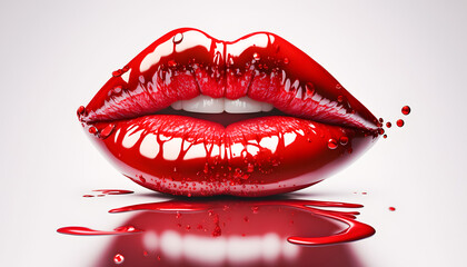 Woman lip set. Girl mouth close up with smudged red lipstick makeup isolated on white background. Generation AI