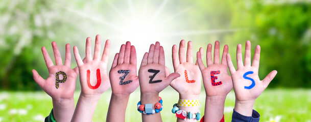 Children Hands Building Word Puzzles, Grass Meadow