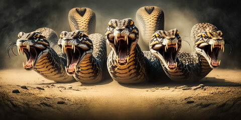 Enthralling photo of five bold boas in the savannah, mouths open, rushing at the observer. Elicits emotion and action for a memorable effect, ideal for impactful visuals. Generative AI