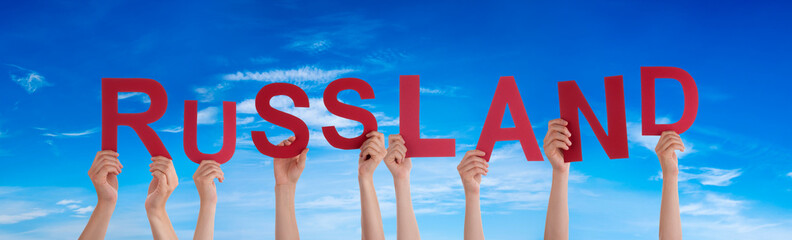 People Hands Building Word Russland Means Russia, Blue Sky