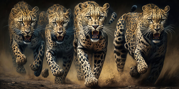 Captivating lineup of 5 fierce leopards with open jaws, charging straight at the viewer in the breathtaking savannah setting. Powerful emotions guaranteed! (). Generative AI