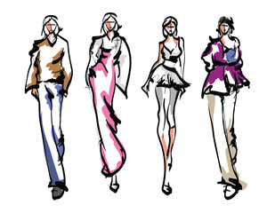 Fototapeta na wymiar Set of young beautiful women in stylish clothes. Fashion sketch.