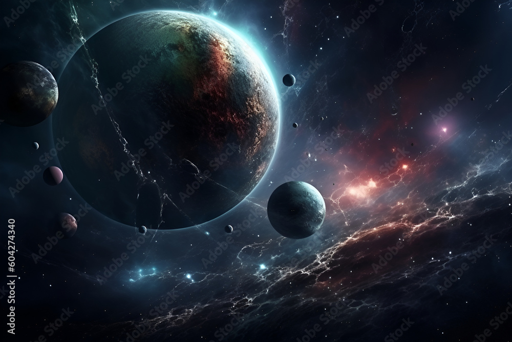 Wall mural beautiful outer space scenery digital background. surreal fantasy cosmic world. dark colorful univer