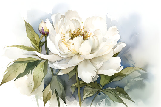 Watercolor realistic picture of a white peony flower. Floral vintage arrangement. Botanical illustration for greeting cards, bouquets, wreaths, wedding invitations and summer backgrounds, anniversary.