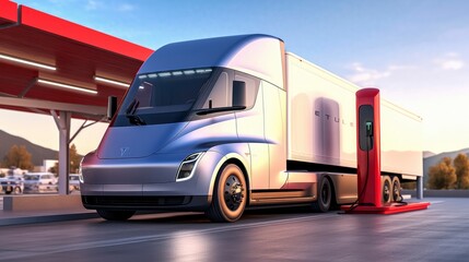 Futuristic Electric Truck At Charging Station. Generative AI