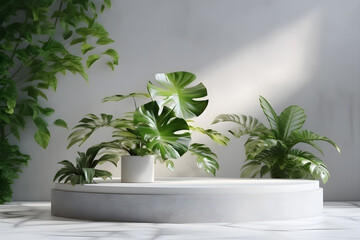 3d render empty space white terrazzo textured podium with monstera leaf house plant. Podium for product shoot. AI Generative Illustration.